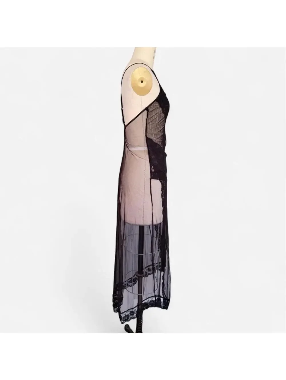 Frederick's of Hollywood Y2K Sheer Black Mesh Lace Slip Dress in Black